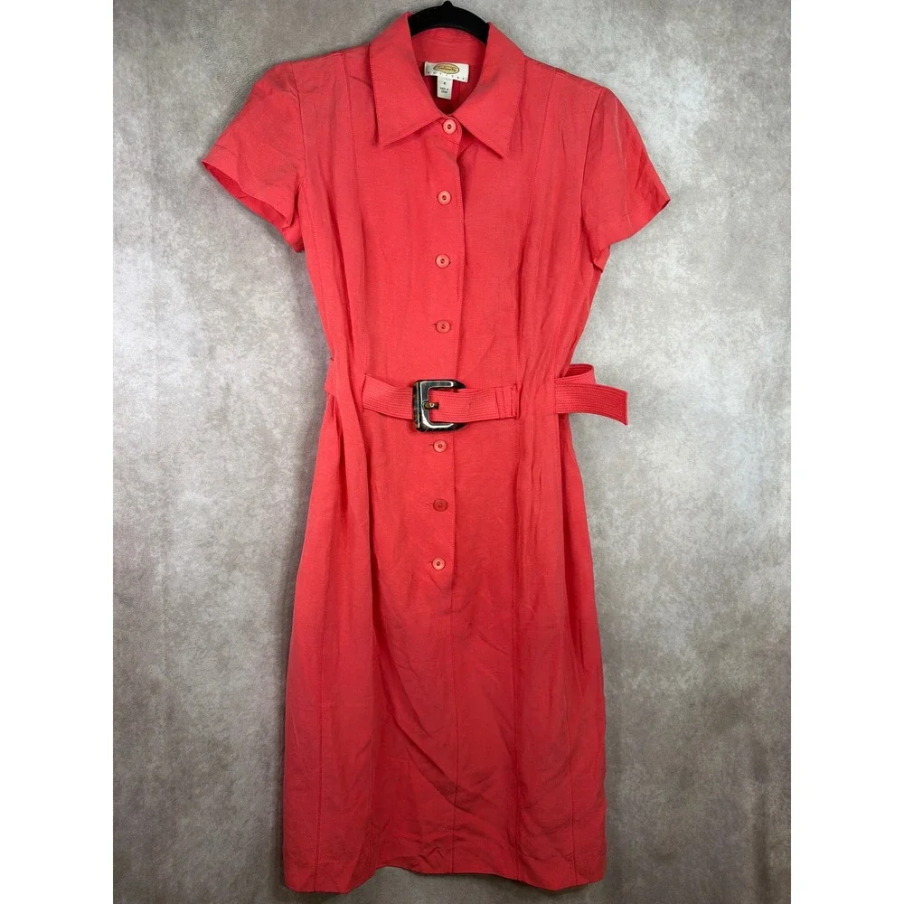 Talbots Shirt Dress Womens 4P Coral Pink Silk Linen Belted Button Front Midi